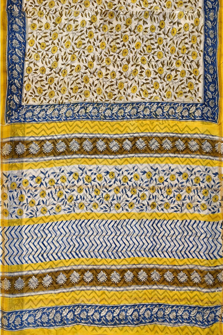 Bagru hand block print on Chanderi silk cotton saree in  cream