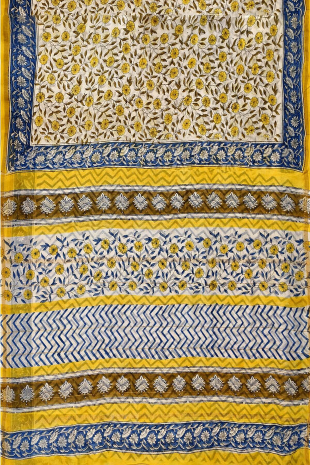 Bagru hand block print on Chanderi silk cotton saree in  cream