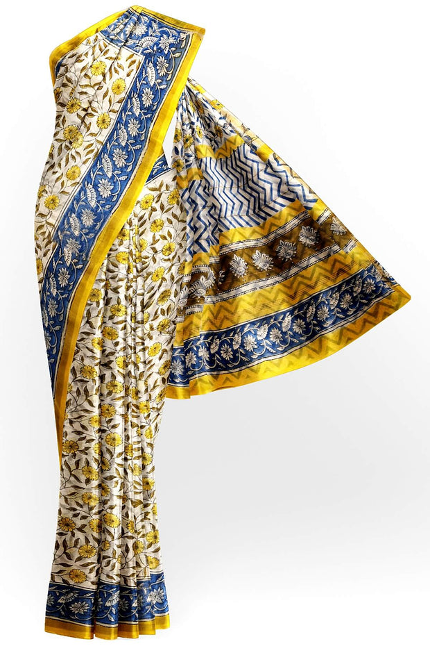 Bagru hand block print on Chanderi silk cotton saree in  cream