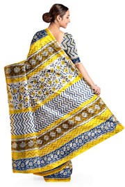 Bagru hand block print on Chanderi silk cotton saree in  cream