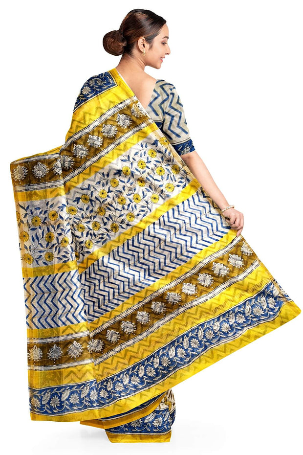 Bagru hand block print on Chanderi silk cotton saree in  cream