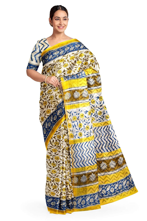 Bagru hand block print on Chanderi silk cotton saree in  cream