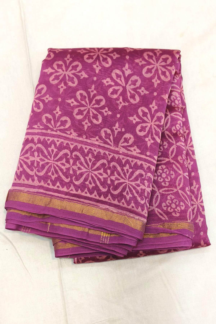 Bagru hand block print on Chanderi silk cotton saree in purple