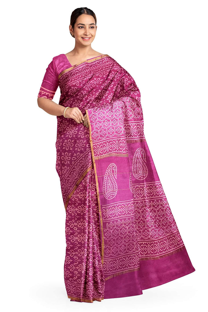 Bagru hand block print on Chanderi silk cotton saree in purple