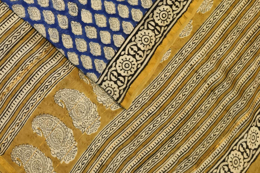 Bagru hand block print on Chanderi silk cotton saree in blue