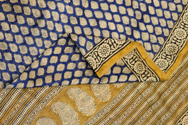 Bagru hand block print on Chanderi silk cotton saree in blue