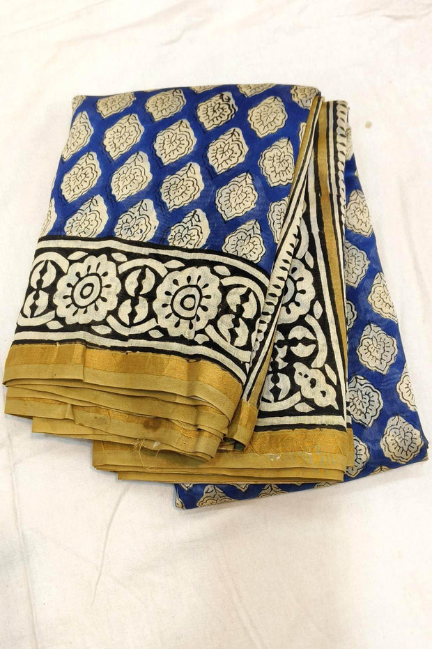 Bagru hand block print on Chanderi silk cotton saree in blue