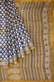 Bagru hand block print on Chanderi silk cotton saree in blue