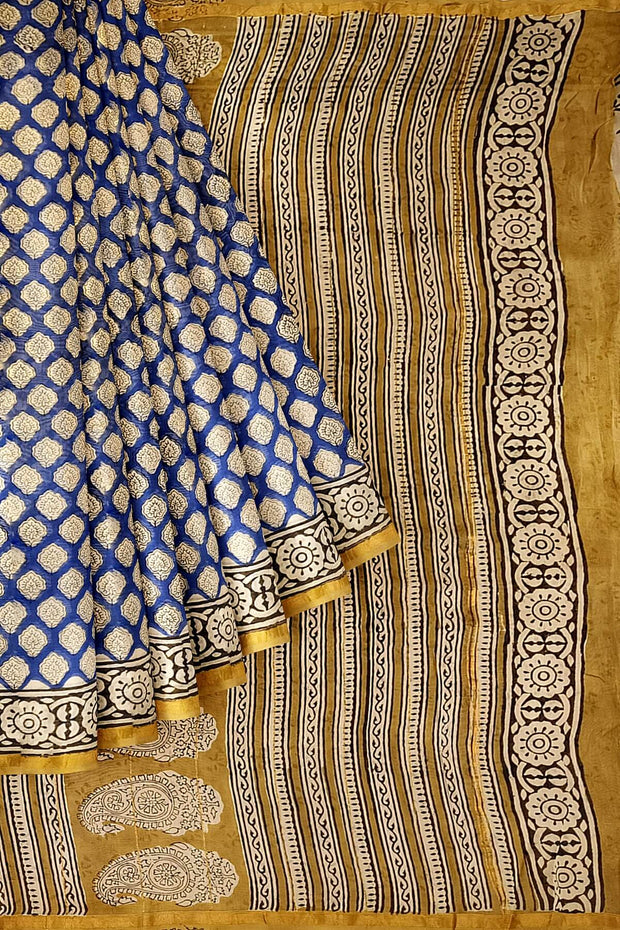 Bagru hand block print on Chanderi silk cotton saree in blue