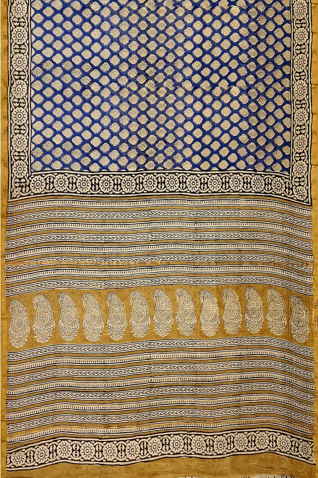 Bagru hand block print on Chanderi silk cotton saree in blue