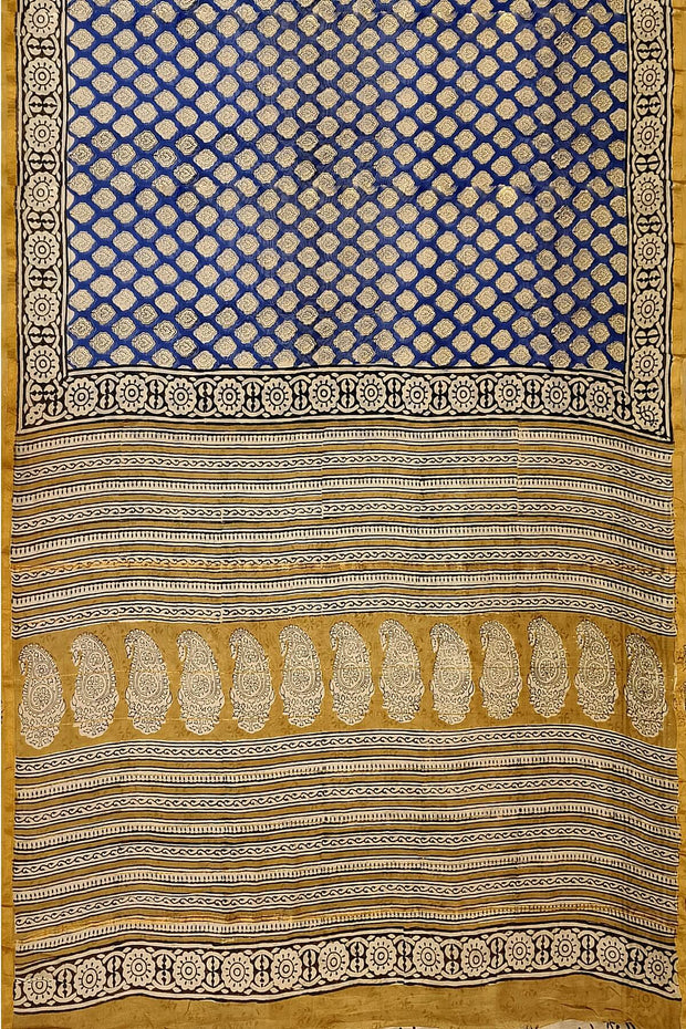 Bagru hand block print on Chanderi silk cotton saree in blue