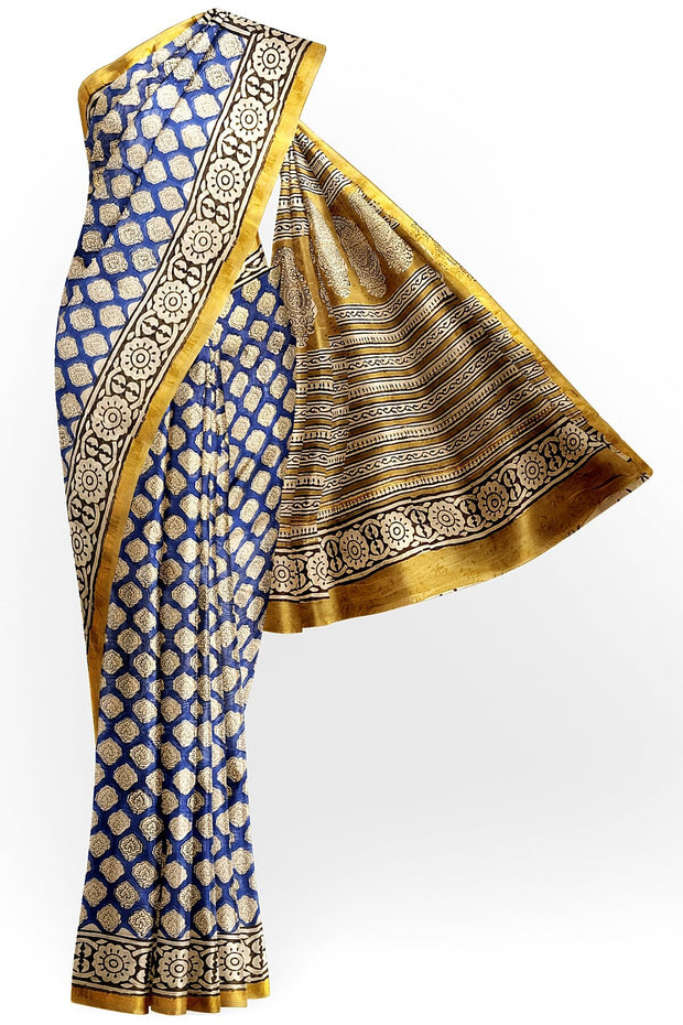 Bagru hand block print on Chanderi silk cotton saree in blue