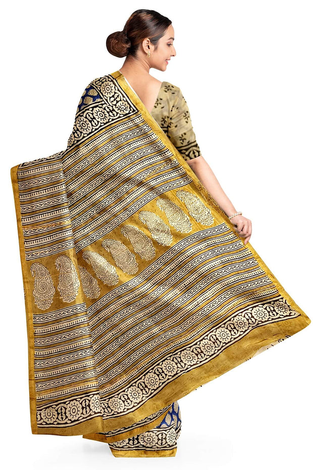 Bagru hand block print on Chanderi silk cotton saree in blue
