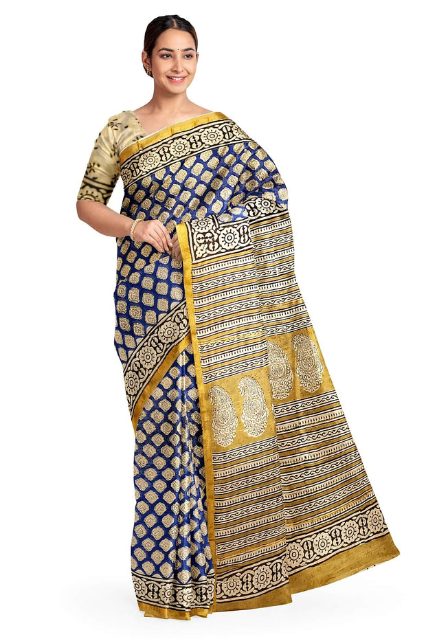 Bagru hand block print on Chanderi silk cotton saree in blue