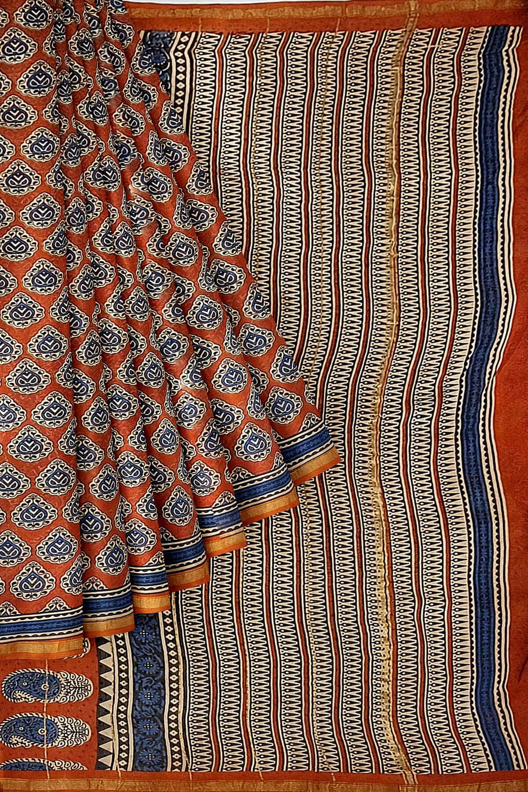 Bagru hand block print on Chanderi silk cotton saree in maroon