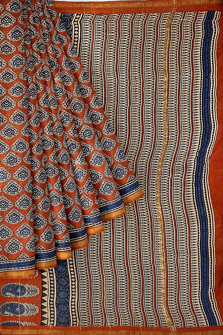 Bagru hand block print on Chanderi silk cotton saree in maroon
