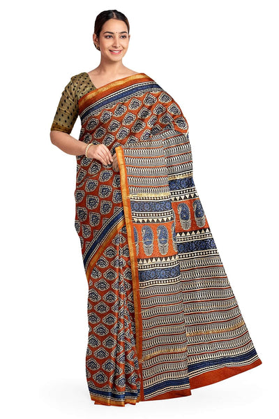 Bagru hand block print on Chanderi silk cotton saree in maroon