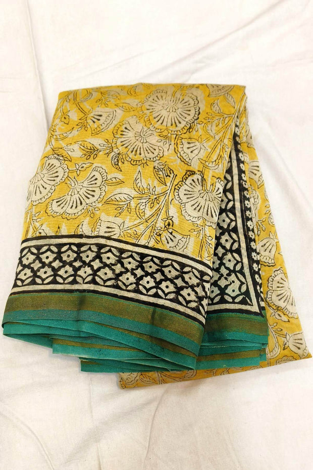 Bagru hand block print on Chanderi silk cotton saree in yellow