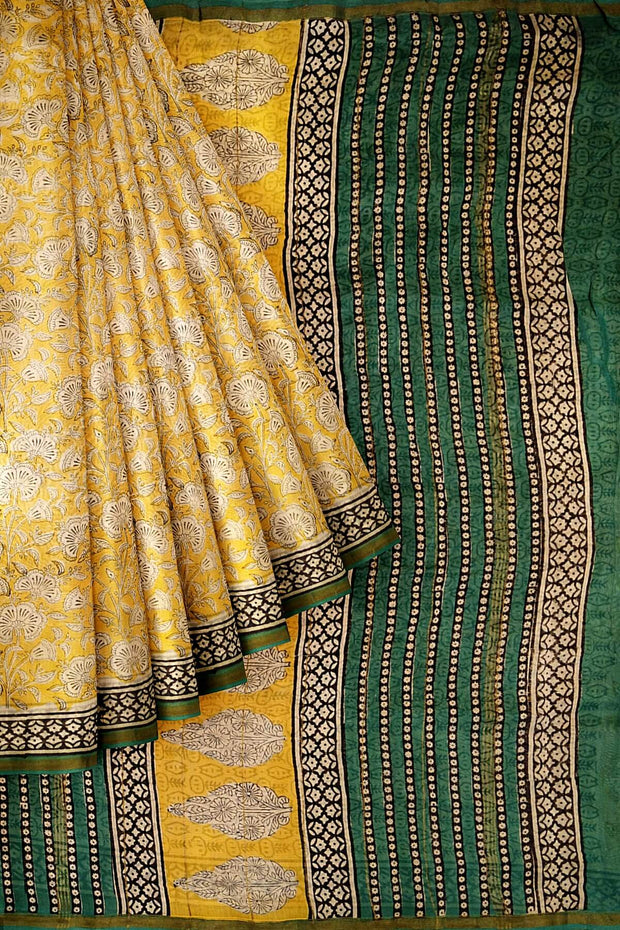 Bagru hand block print on Chanderi silk cotton saree in yellow