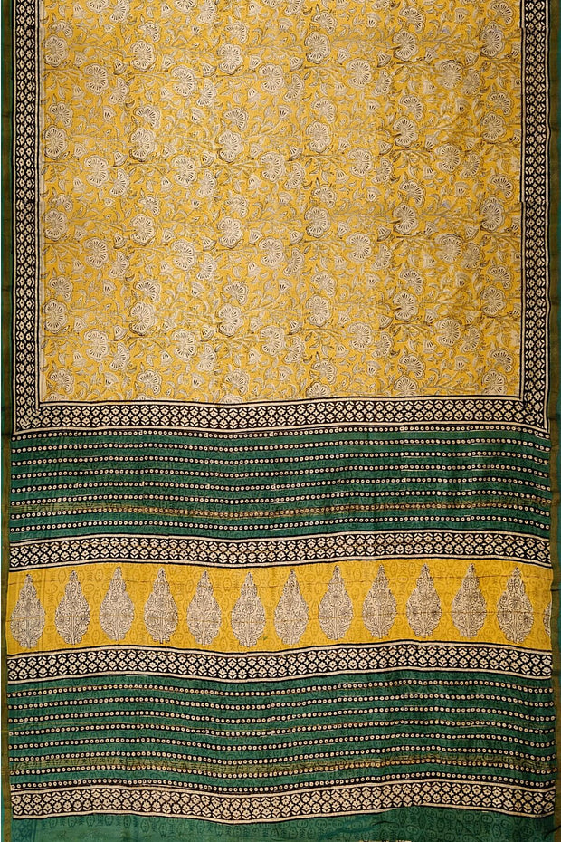 Bagru hand block print on Chanderi silk cotton saree in yellow