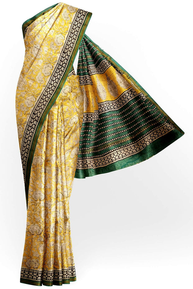 Bagru hand block print on Chanderi silk cotton saree in yellow
