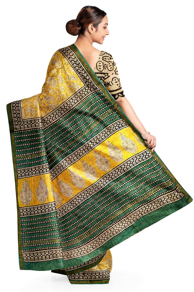 Bagru hand block print on Chanderi silk cotton saree in yellow