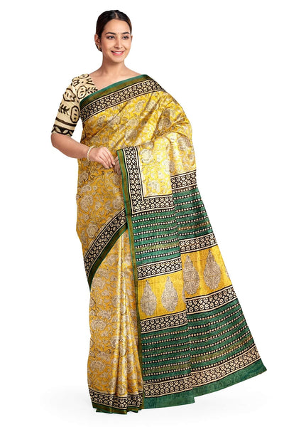 Bagru hand block print on Chanderi silk cotton saree in yellow
