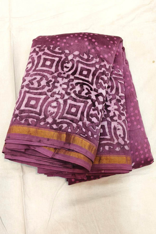 Bagru hand block print on Chanderi silk cotton saree in onion pink