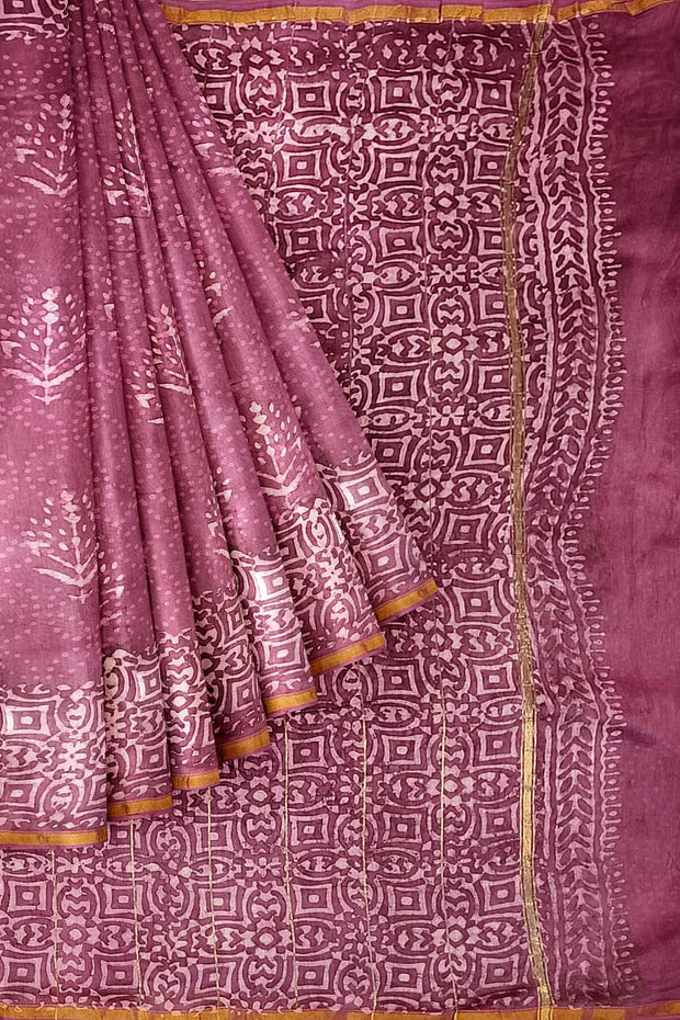 Bagru hand block print on Chanderi silk cotton saree in onion pink