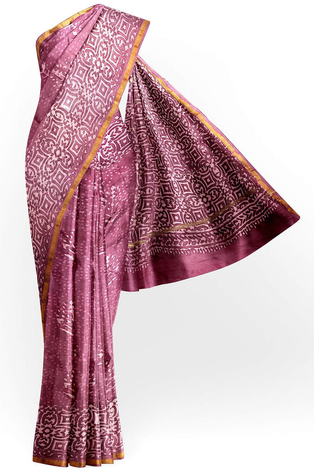 Bagru hand block print on Chanderi silk cotton saree in onion pink
