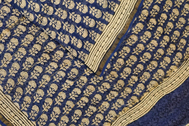 Bagru hand block print on Chanderi silk cotton saree in navy blue