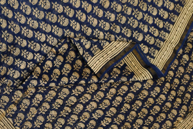 Bagru hand block print on Chanderi silk cotton saree in navy blue