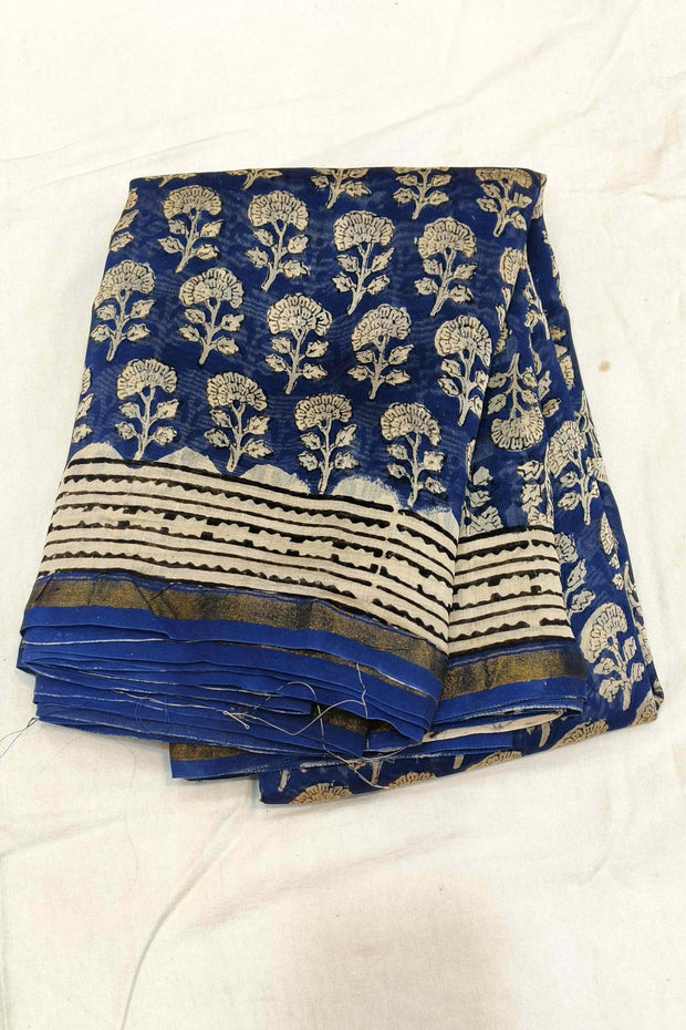 Bagru hand block print on Chanderi silk cotton saree in navy blue