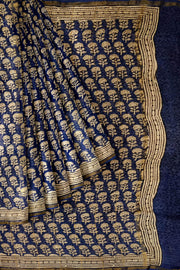 Bagru hand block print on Chanderi silk cotton saree in navy blue