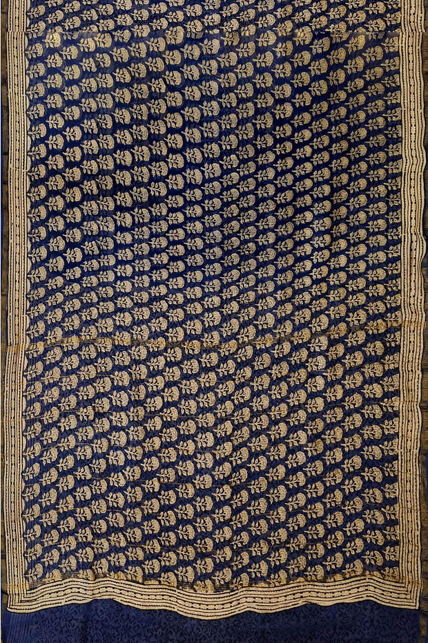 Bagru hand block print on Chanderi silk cotton saree in navy blue