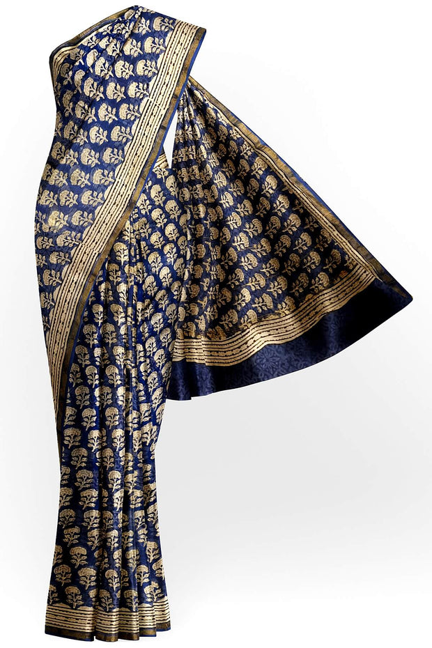 Bagru hand block print on Chanderi silk cotton saree in navy blue