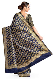 Bagru hand block print on Chanderi silk cotton saree in navy blue