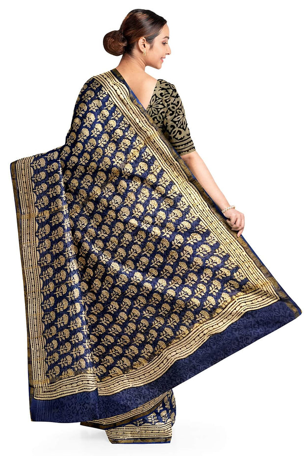 Bagru hand block print on Chanderi silk cotton saree in navy blue