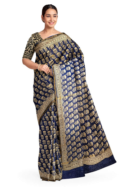 Bagru hand block print on Chanderi silk cotton saree in navy blue