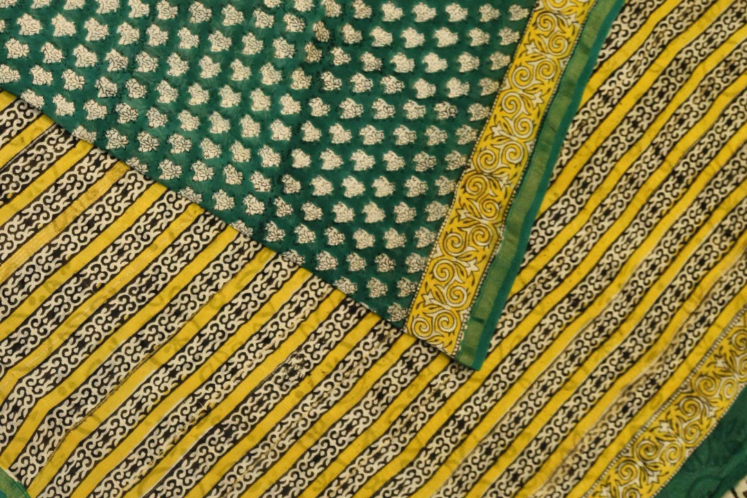 Bagru hand block print on Chanderi silk cotton saree in green