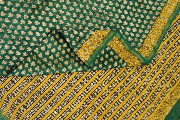Bagru hand block print on Chanderi silk cotton saree in green