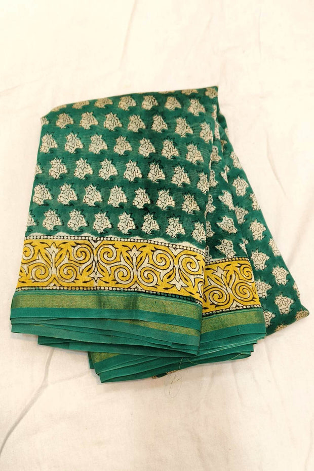 Bagru hand block print on Chanderi silk cotton saree in green