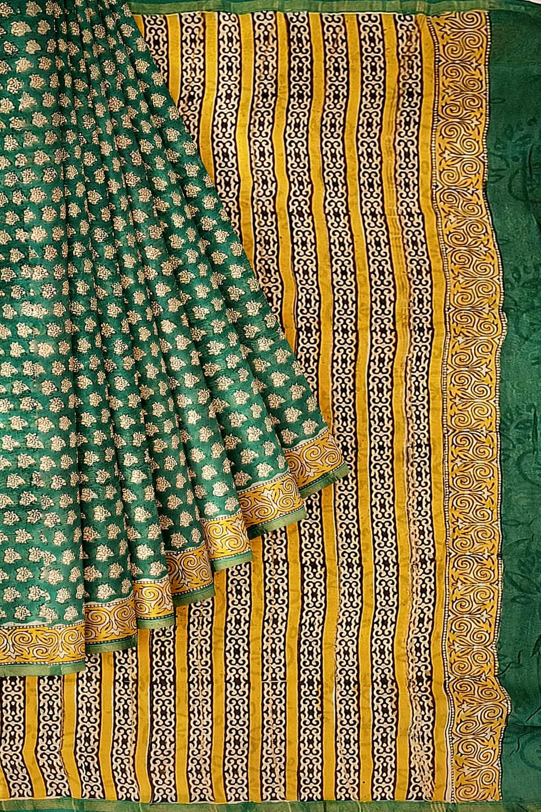 Bagru hand block print on Chanderi silk cotton saree in green