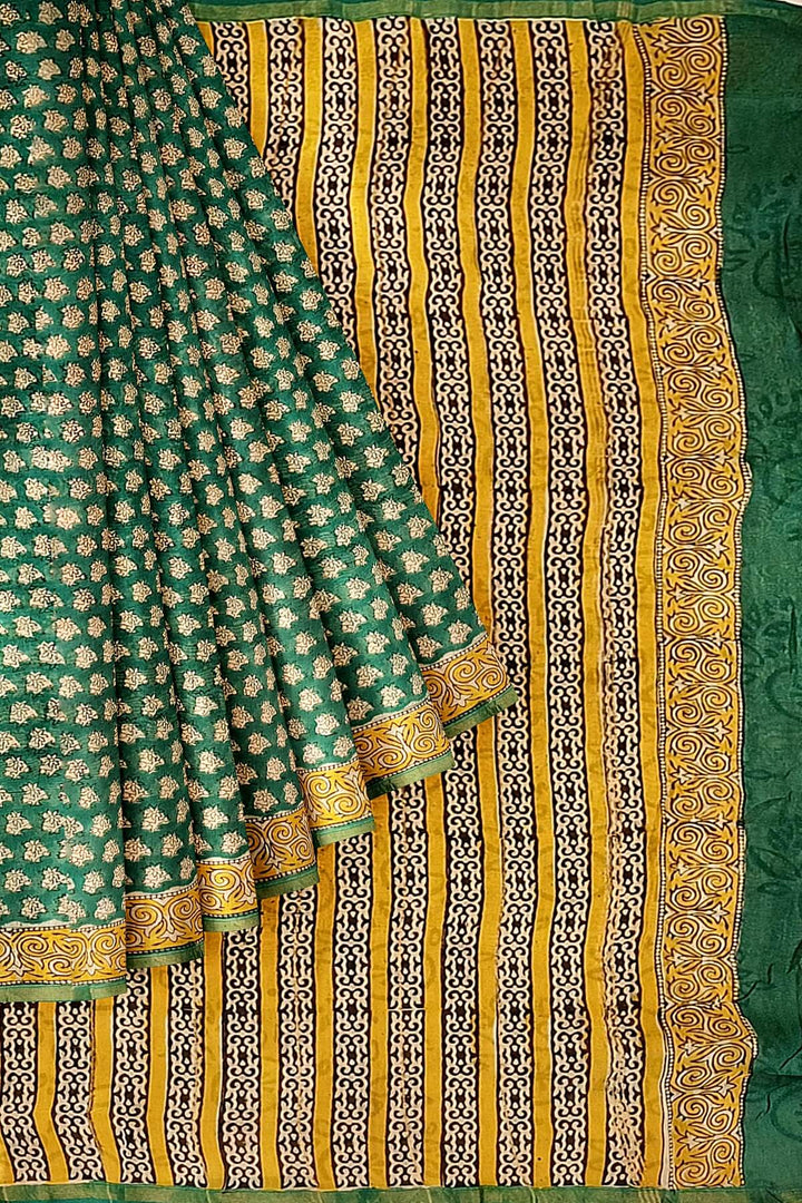 Bagru hand block print on Chanderi silk cotton saree in green