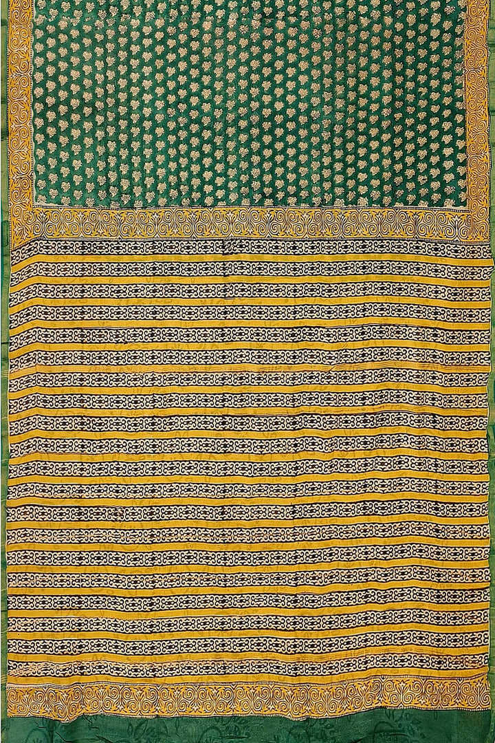 Bagru hand block print on Chanderi silk cotton saree in green