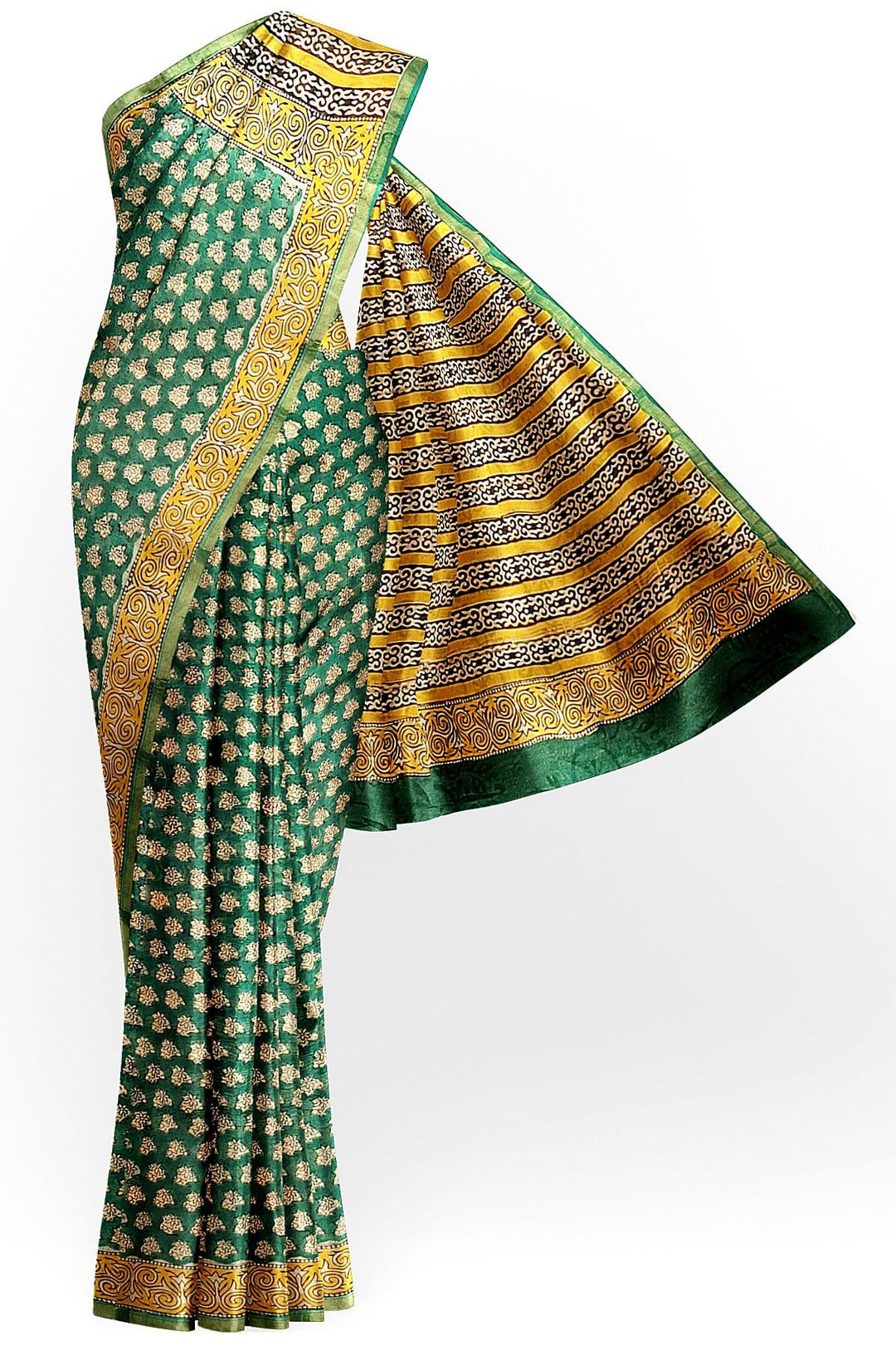 Bagru hand block print on Chanderi silk cotton saree in green
