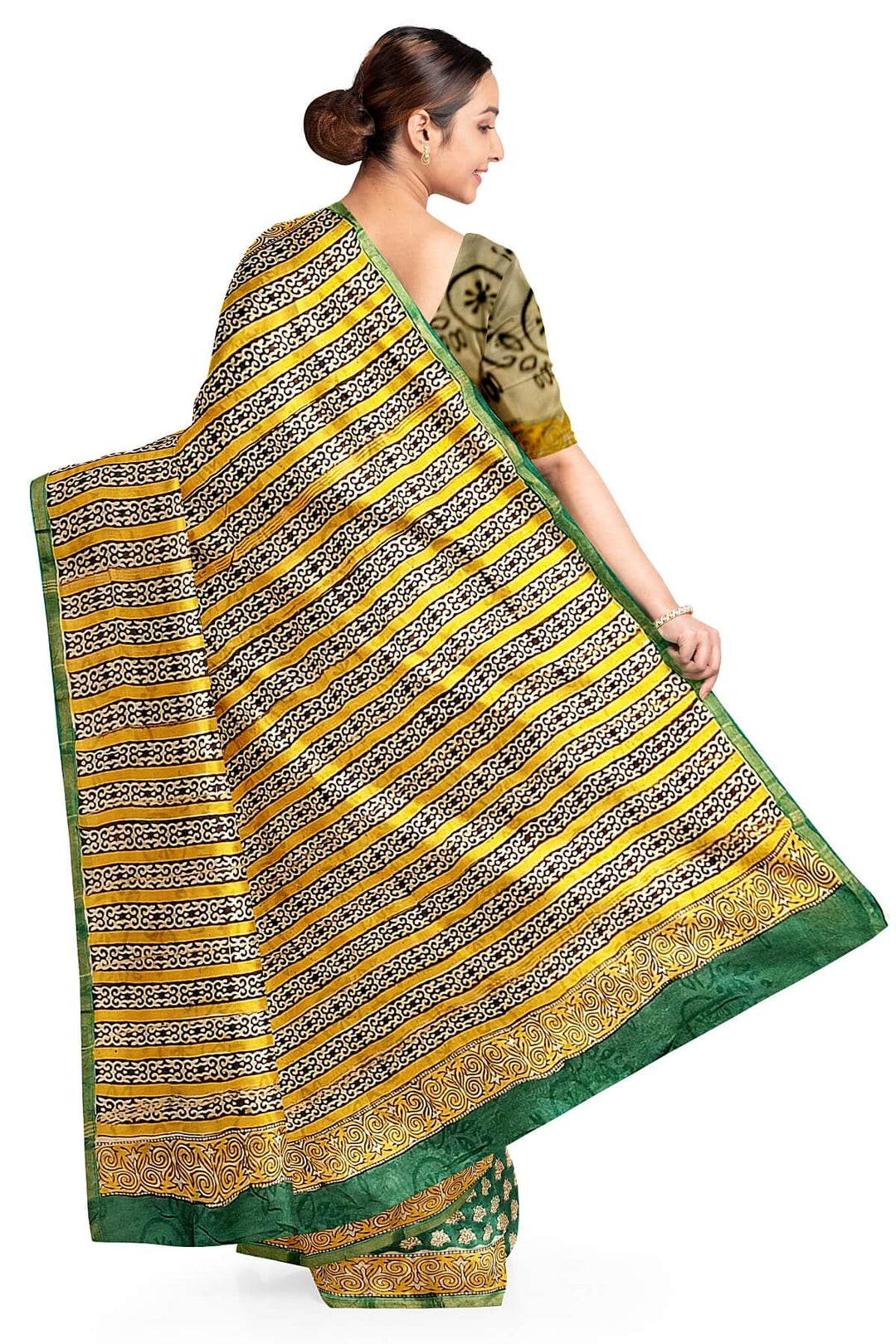 Bagru hand block print on Chanderi silk cotton saree in green