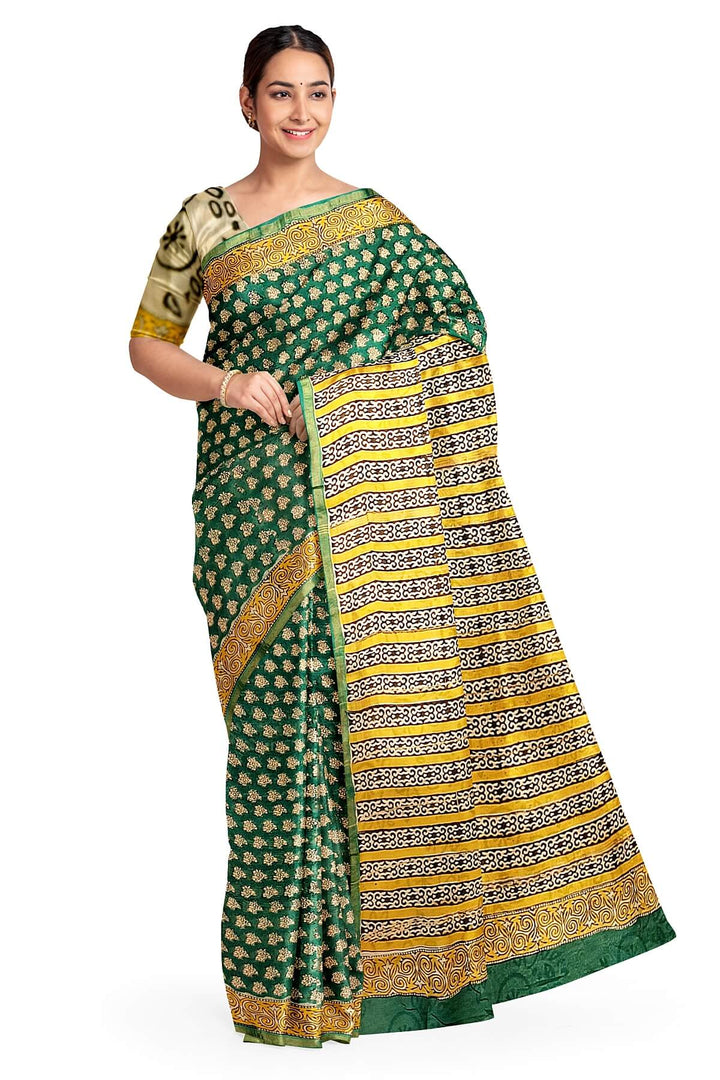 Bagru hand block print on Chanderi silk cotton saree in green