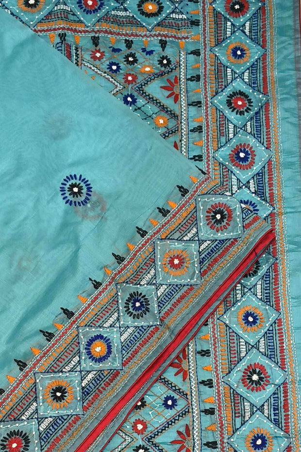 Lambani hand embroidery on a  chanderi  saree in sky blue