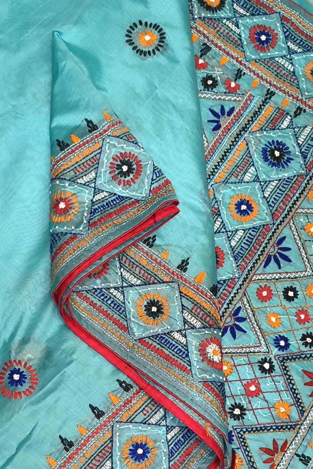 Lambani hand embroidery on a  chanderi  saree in sky blue